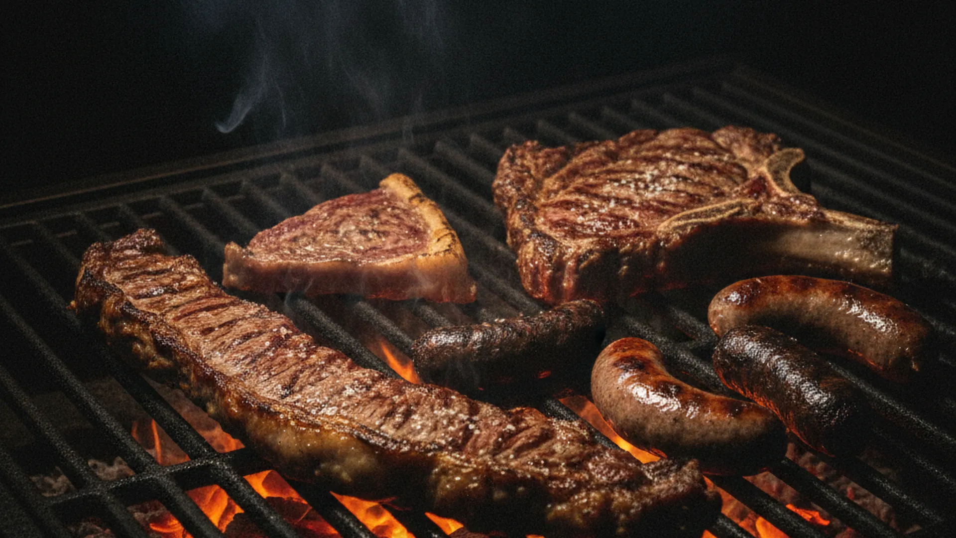 Cortes de carne argentina y chorizos asándose sobre brasas encendidas en la parrilla