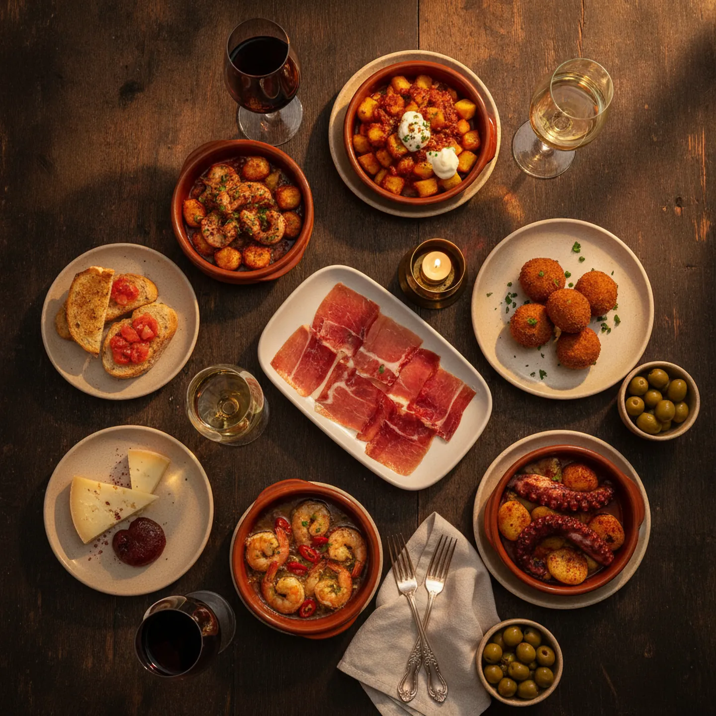 Mesa de tapas españolas vista desde arriba con patatas bravas, croquetas, jamón ibérico, pulpo y vino