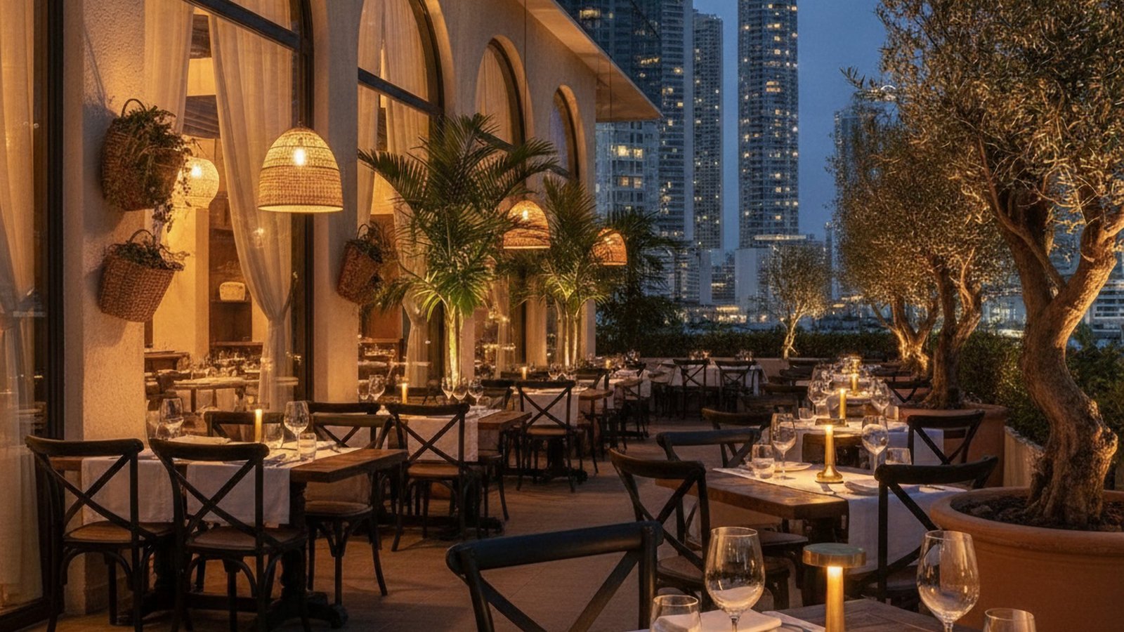 Terraza del Restaurante Santa Rita en Costa del Este al atardecer, con lámparas de ratán, mesas de madera y el skyline de Panamá al fondo