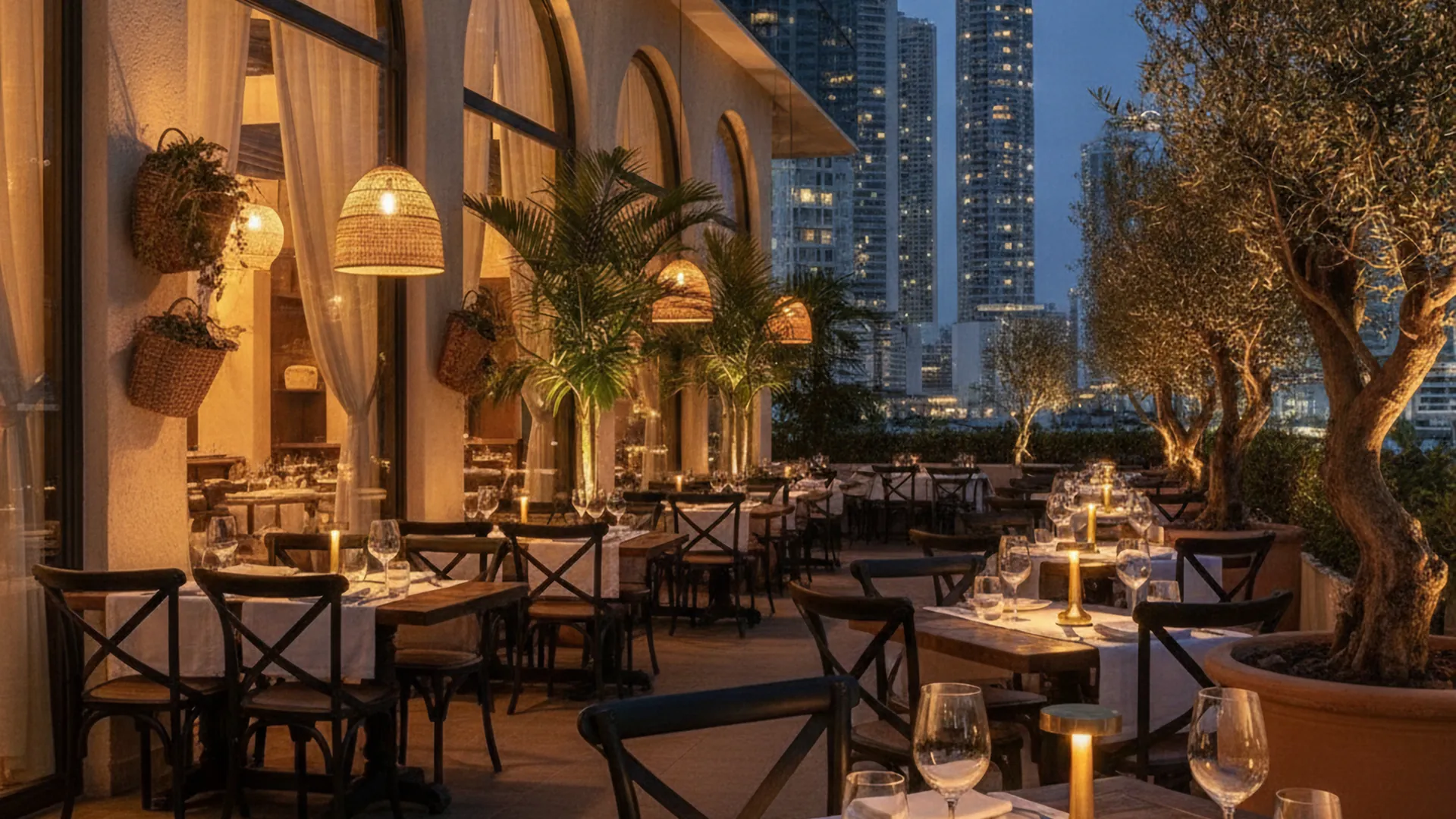 Terraza del Restaurante Santa Rita en Costa del Este al atardecer con lámparas de ratán y el skyline de Panamá