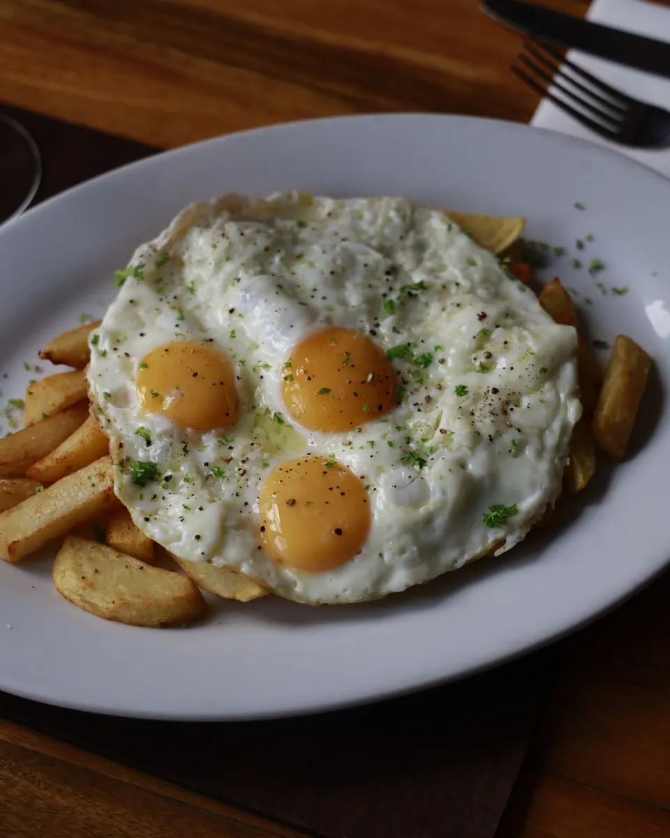 Huevos rotos sobre patatas con perejil