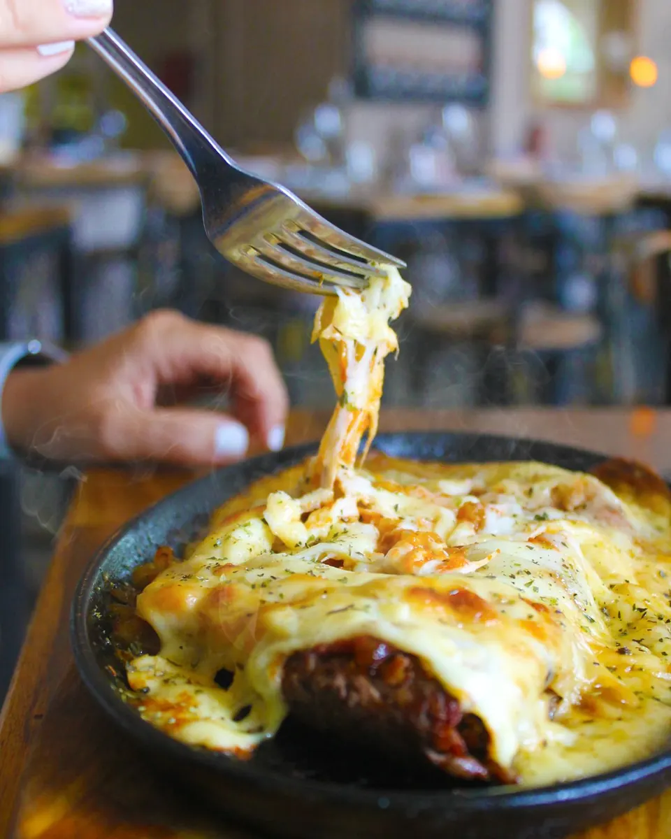 Provolone fundido en cazuela con picadito de tomate y cebolla