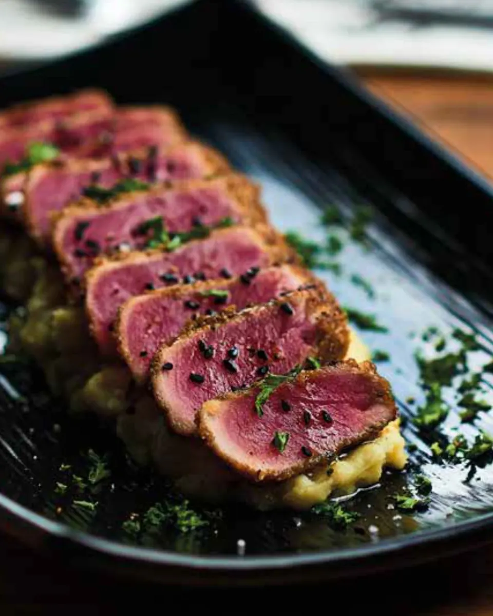Tataki de atún rojo con aceite de trufa sobre puré de camote, servido frío